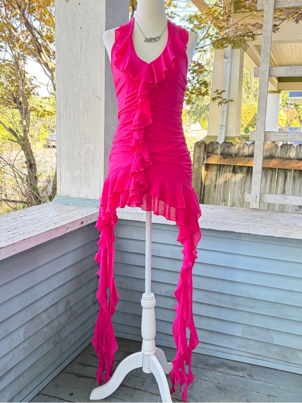 y2k Hot Pink Ruffle Mini Halter Dress